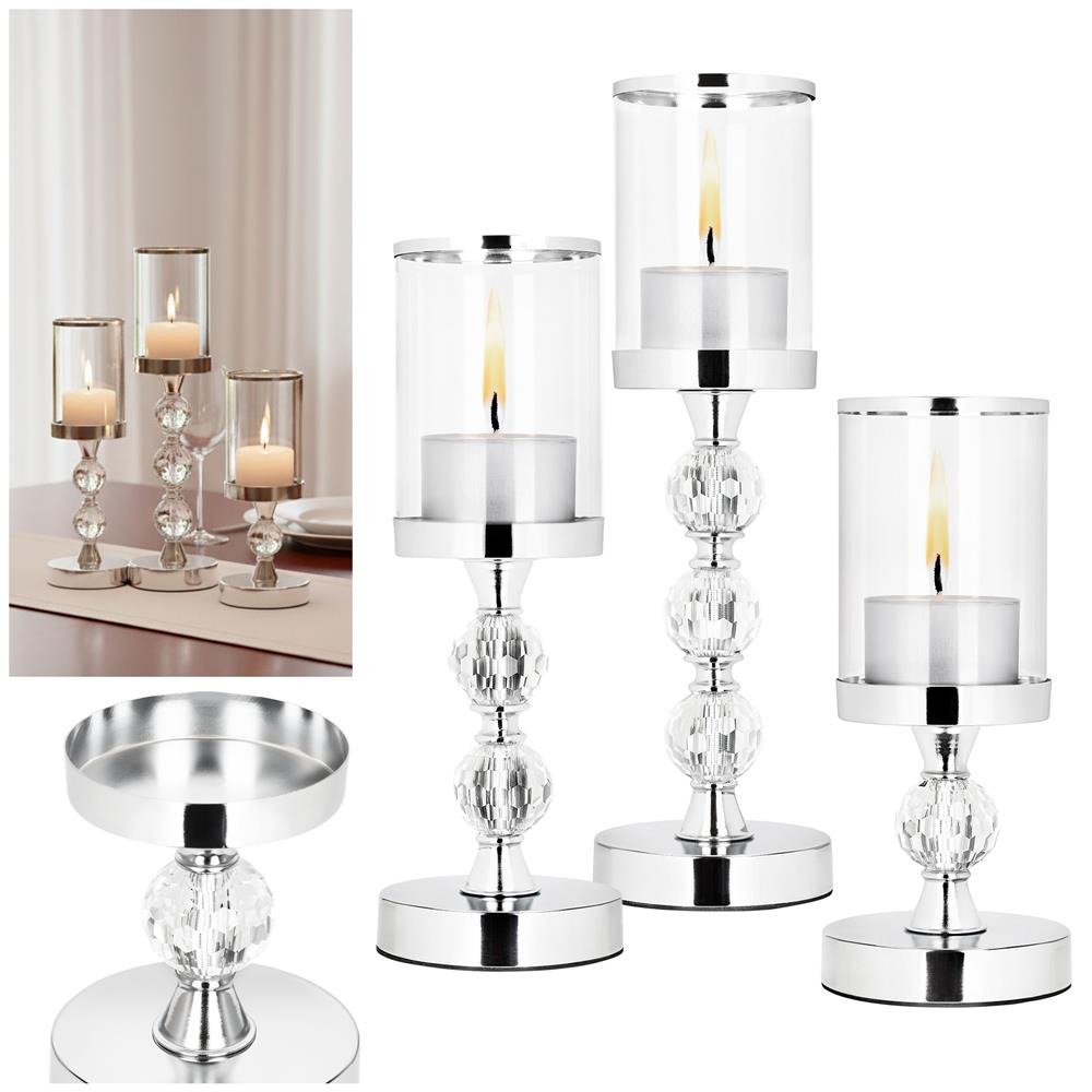 Set 3 sfesnice metalice cu glob cristal si abajur sticla, 28-41 cm, argintiu