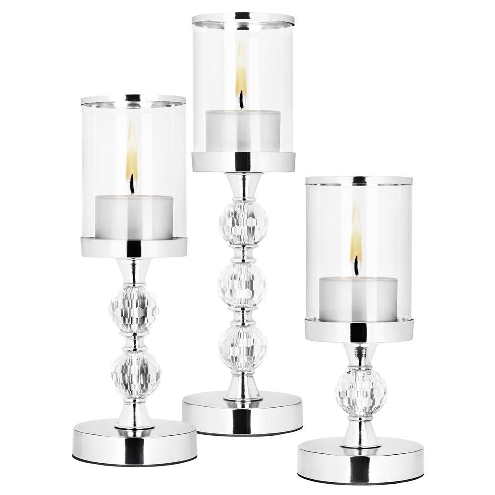 Set 3 sfesnice metalice cu glob cristal si abajur sticla, 28-41 cm, argintiu