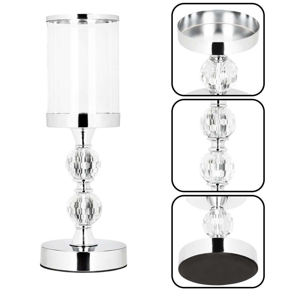 Set 3 sfesnice metalice cu glob cristal si abajur sticla, 28-41 cm, argintiu
