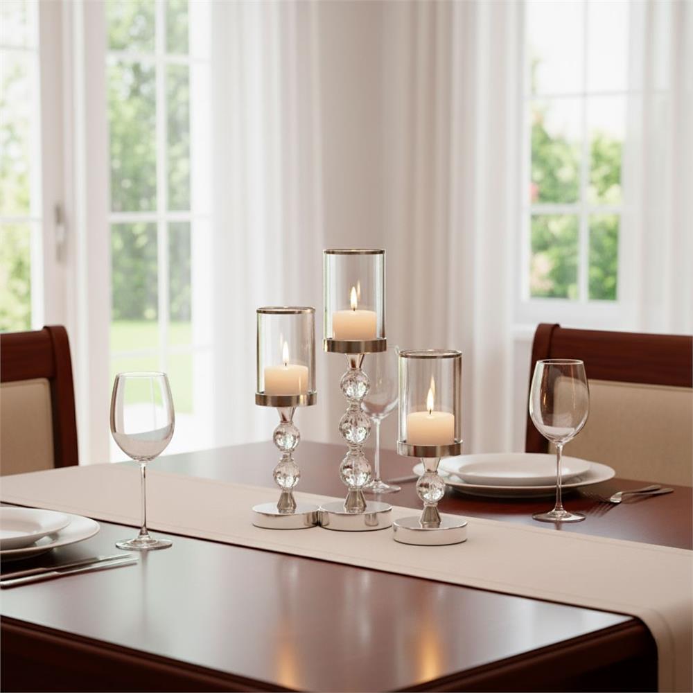 Set 3 sfesnice metalice cu glob cristal si abajur sticla, 28-41 cm, argintiu