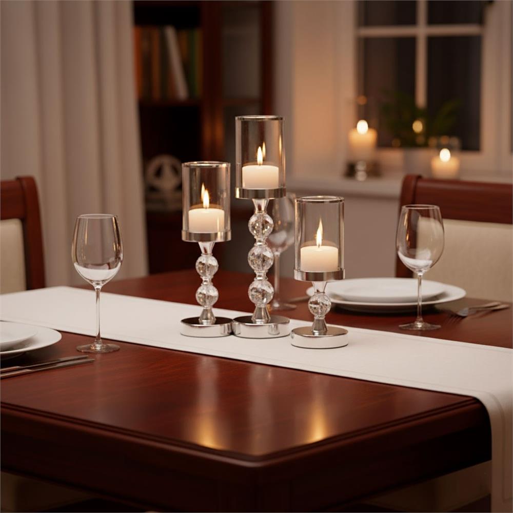 Set 3 sfesnice metalice cu glob cristal si abajur sticla, 28-41 cm, argintiu