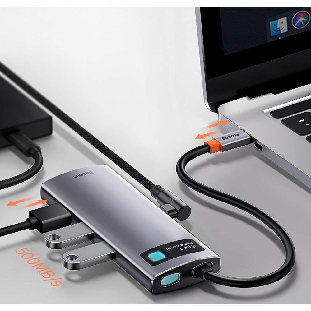 DOCKING Station Baseus Metal Gleam,conec PC USB-C, USB 3.0x3, RJ-45 Gigabit LANx1, USB-Cx1 PD 100W 5V/9V/14.5V/20V 5A (Max.), HDMIx1/4K/30Hz,gri "CAHUB-CW0G" - 6953156204645