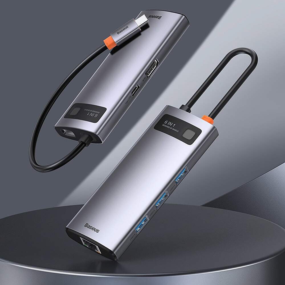 DOCKING Station Baseus Metal Gleam,conec PC USB-C, USB 3.0x3, RJ-45 Gigabit LANx1, USB-Cx1 PD 100W 5V/9V/14.5V/20V 5A (Max.), HDMIx1/4K/30Hz,gri "CAHUB-CW0G" - 6953156204645