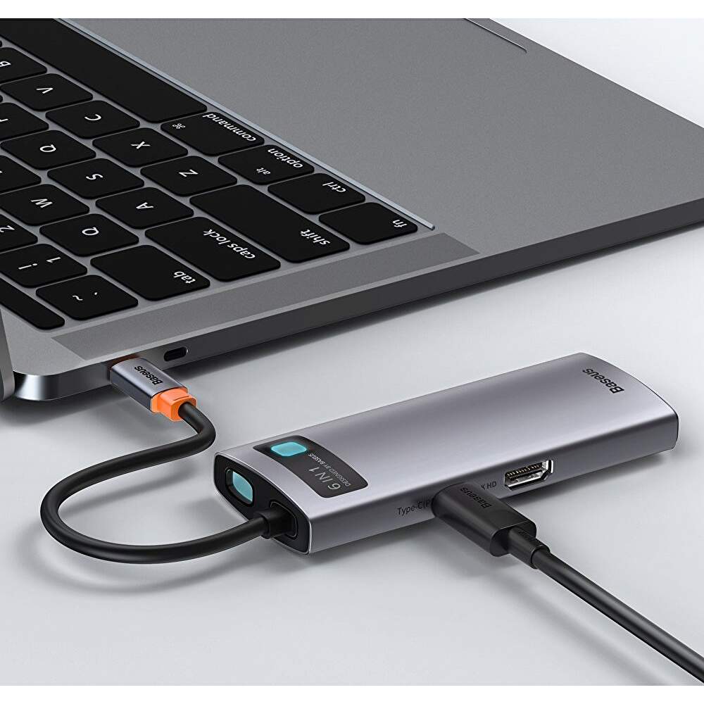 DOCKING Station Baseus Metal Gleam,conec PC USB-C, USB 3.0x3, RJ-45 Gigabit LANx1, USB-Cx1 PD 100W 5V/9V/14.5V/20V 5A (Max.), HDMIx1/4K/30Hz,gri "CAHUB-CW0G" - 6953156204645