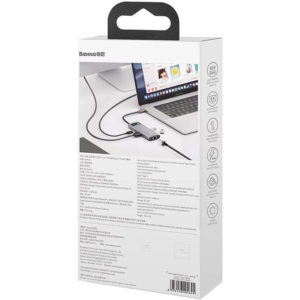 DOCKING Station Baseus Metal Gleam,conec PC USB-C, USB 3.0x3, RJ-45 Gigabit LANx1, USB-Cx1 PD 100W 5V/9V/14.5V/20V 5A (Max.), HDMIx1/4K/30Hz,gri "CAHUB-CW0G" - 6953156204645
