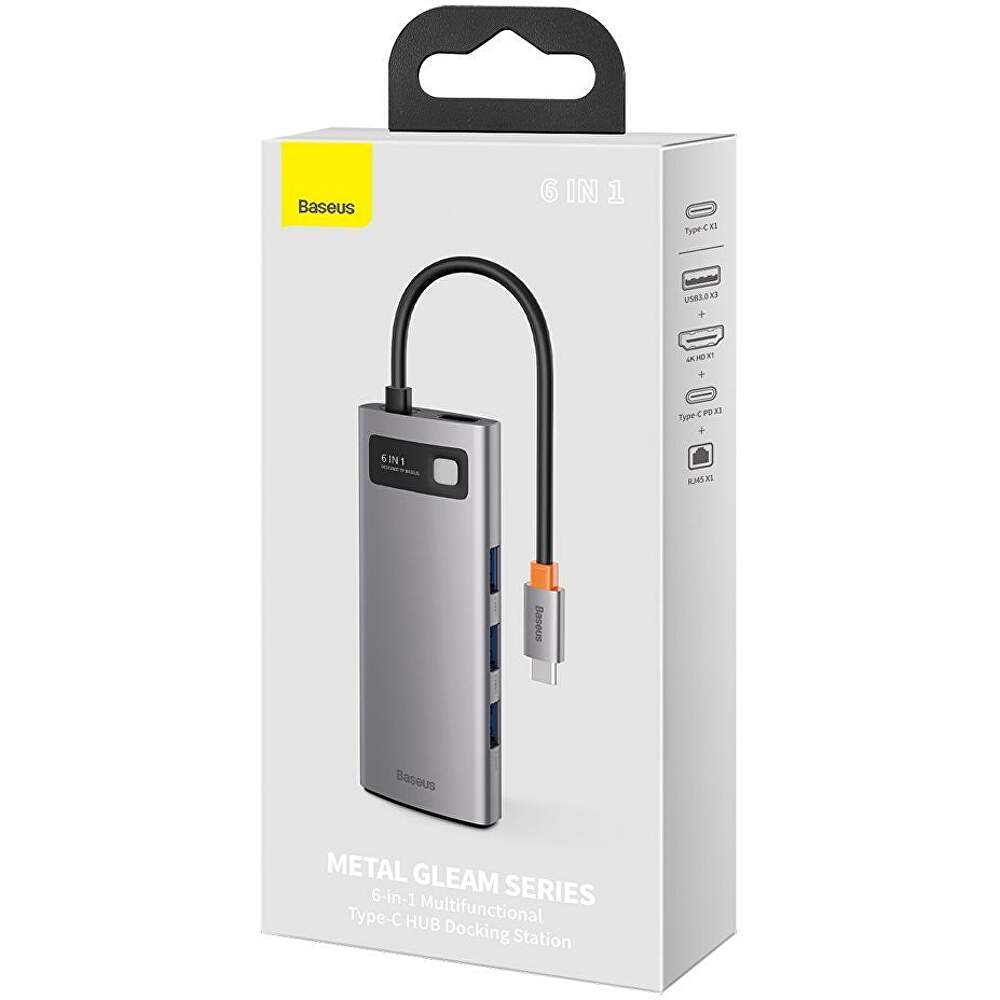 DOCKING Station Baseus Metal Gleam,conec PC USB-C, USB 3.0x3, RJ-45 Gigabit LANx1, USB-Cx1 PD 100W 5V/9V/14.5V/20V 5A (Max.), HDMIx1/4K/30Hz,gri "CAHUB-CW0G" - 6953156204645