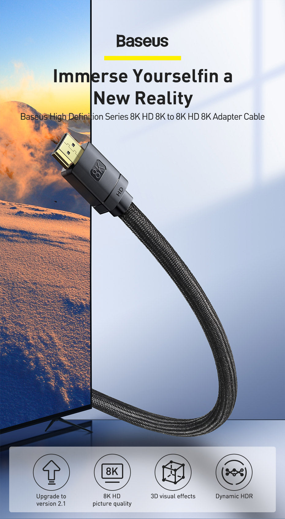 CABLU video Baseus High Definition, HDMI(T) la HDMI(T), versiunea 2.1, rezolutie maxima 8K UHD (7680 x 4320) la 60 Hz, conectori auriti, 3m, negru "CAKGQ-L01" - 6953156204171