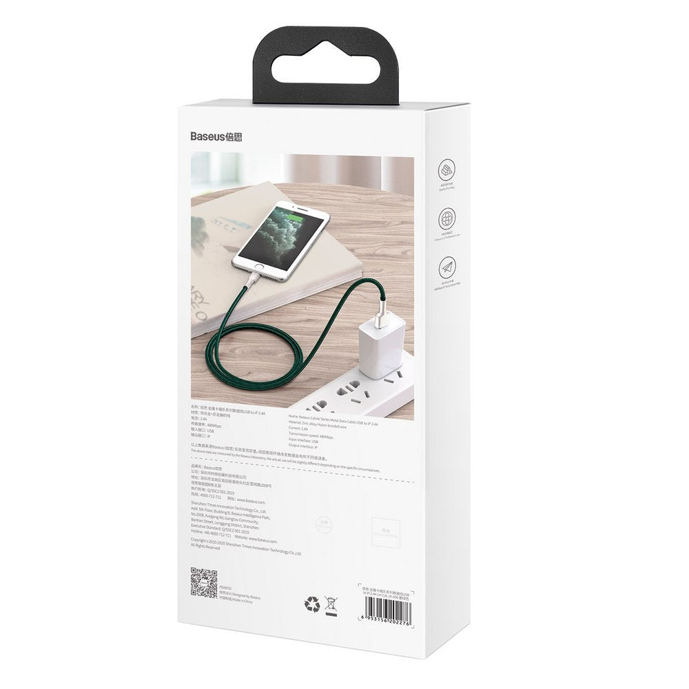 CABLU alimentare si date Baseus Cafule Metal, Fast Charging Data Cable pt. smartphone, USB la Lightning Iphone 2.4A, braided, 1m, verde "CALJK-A06" - 6953156202276