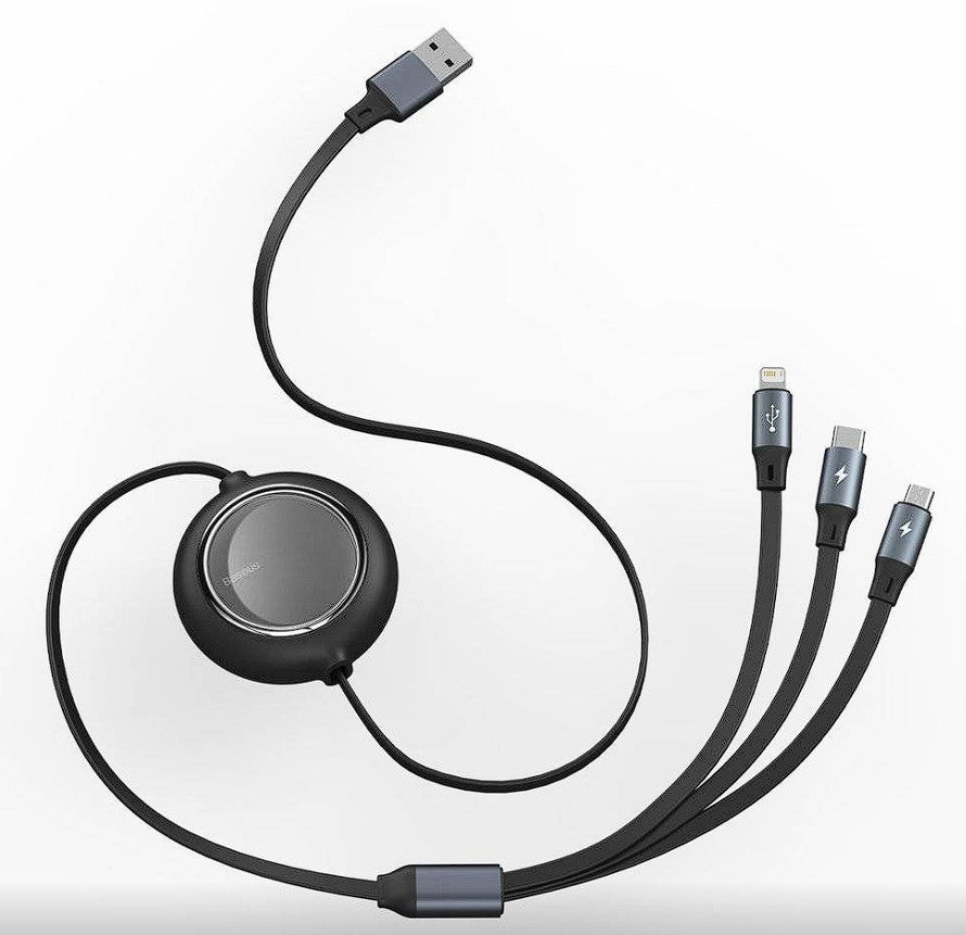 CABLU alimentare si date Baseus Bright Mirror 2 One-for-three Retractable, pt. smartphone, USB la Micro-USB+Lightning+USB Type-C 3.5A, 1.1m,negru "CAMJ010001" - 6932172609030