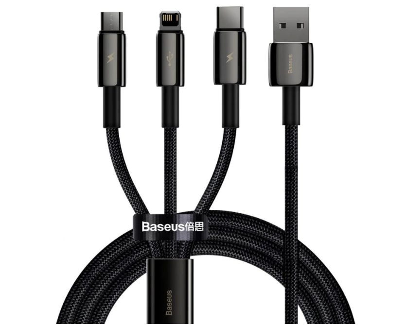 CABLU alimentare si date Baseus Tungsten Gold One-for-three, Fast Charging Data Cable pt.smartphone,USB la Micro-USB+Lightning+USB Type-C 3.5A,braided,1.5 m,negru "CAMLTWJ-01" - 6953156204973