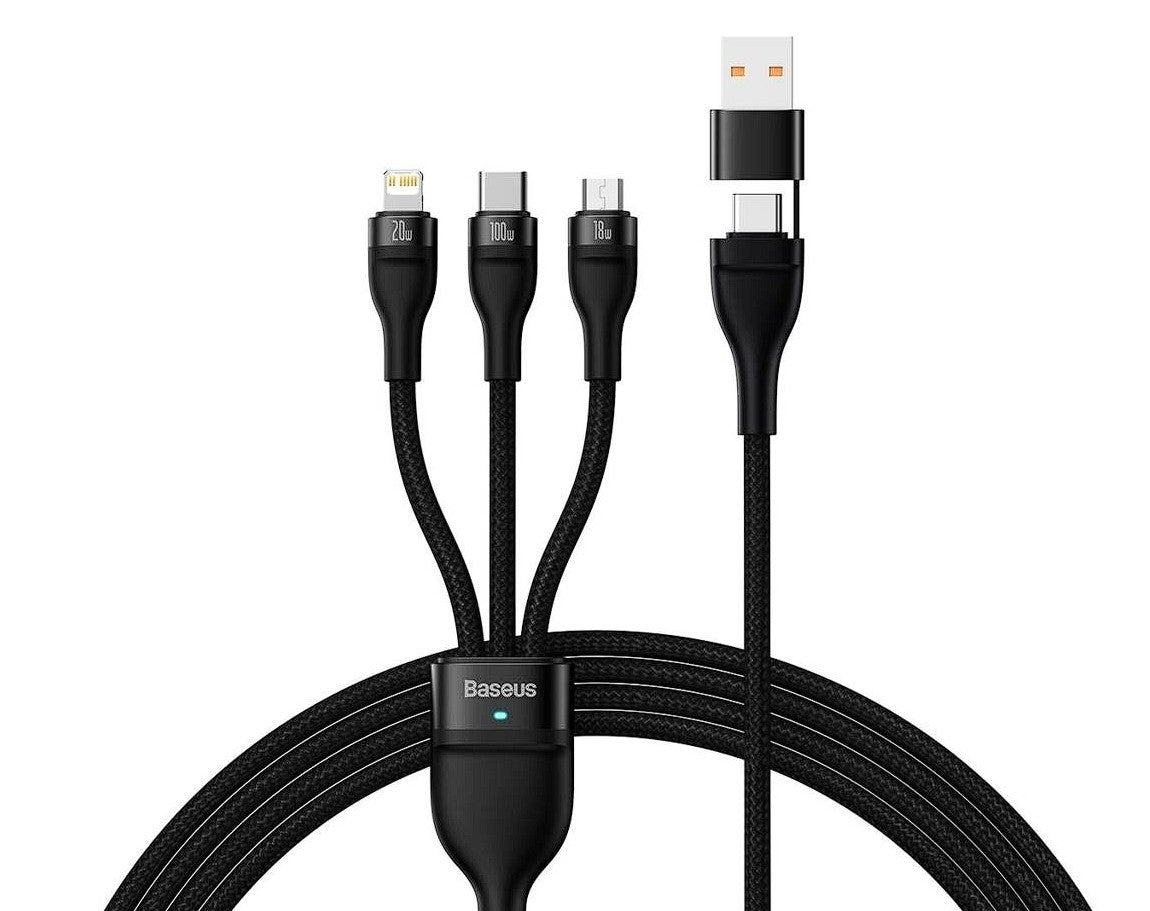 Cablu alimentare si date Baseus Flash Series 2 One-for-three Retractable,pt smartph,USB+USB Type-C la Micro-USB+Lightning+USB Type-C 100W,1.2m,negru 