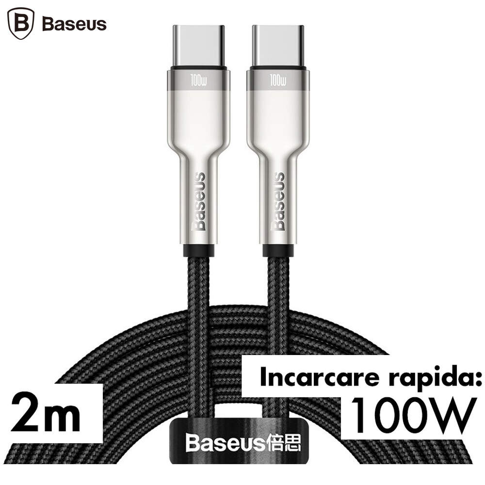 CABLU alimentare si date Baseus Cafule Metal, Fast Charging Data Cable pt. smartphone, USB Type-C la USB Type-C 100W, braided, 2m, negru "CATJK-D01" - 6953156202368