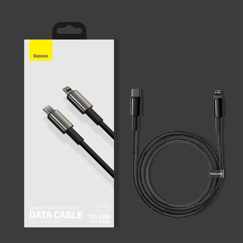 CABLU alimentare si date Baseus Tungsten Gold,Fast Charging Data Cable pt smartphone,USB Type-C la Lightning 20W,braided,1m,rezistent zgarieturi,negru"CATLWJ-01" -6953156232037