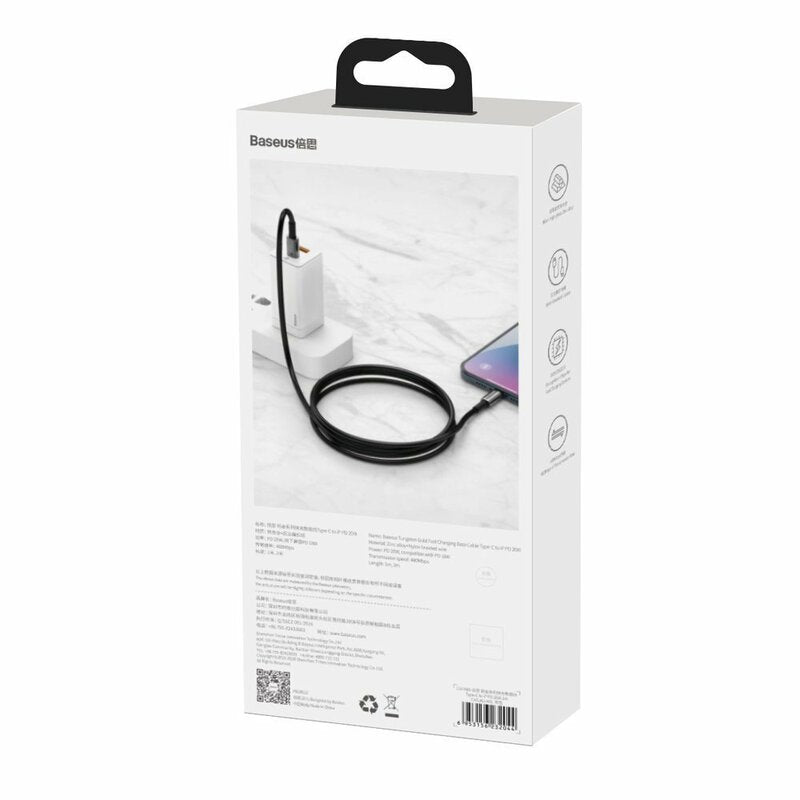 CABLU alimentare si date Baseus Tungsten Gold,Fast Charging Data Cable pt smartphone,USB Type-C la Lightning 20W,braided,1m,rezistent zgarieturi,negru"CATLWJ-01" -6953156232037