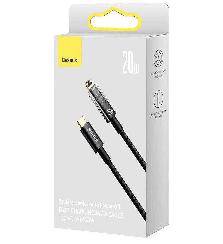 CABLU alimentare si date Baseus Explorer, Fast Charging Data Cable pt. smartphone, USB Type-C la Lightning 20W, 2m,Auto Power-Off,negru transparent "CATS000101" -6932172605681