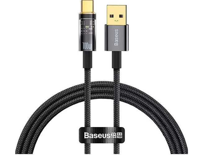 CABLU alimentare si date Baseus Explorer, Fast Charging Data Cable pt. smartphone, USB la USB Type-C 100W, 2m, Auto Power-Off, negru transparent "CATS000301" - 6932172605728