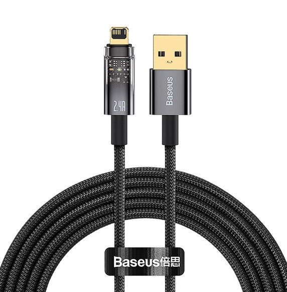 CABLU alimentare si date Baseus Explorer, Fast Charging Data Cable pt. smartphone,USB la Lightning 2.4A, 1m, Auto Power-Off, negru transparent "CATS000401" - 6932172605759