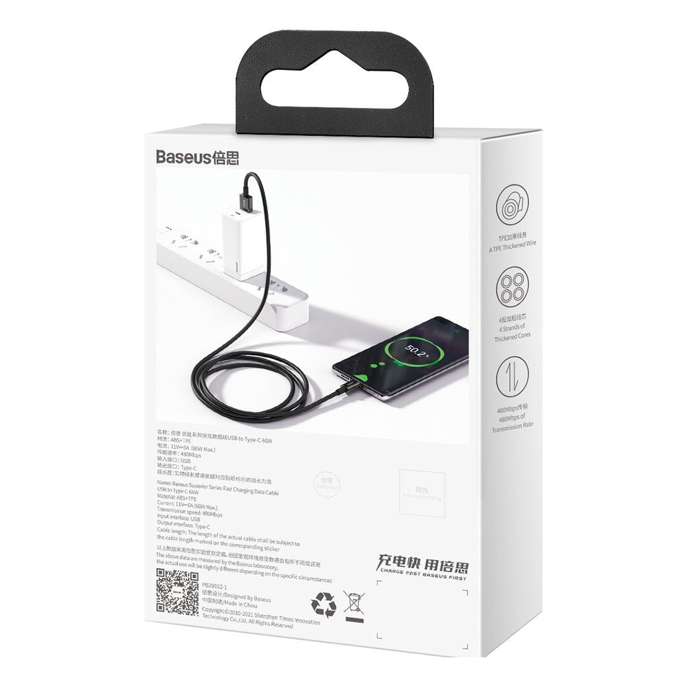 CABLU alimentare si date Baseus Superior, Fast Charging Data Cable pt. smartphone, USB la USB Type-C 66W, 1m, negru "CATYS-01" - 6953156205499