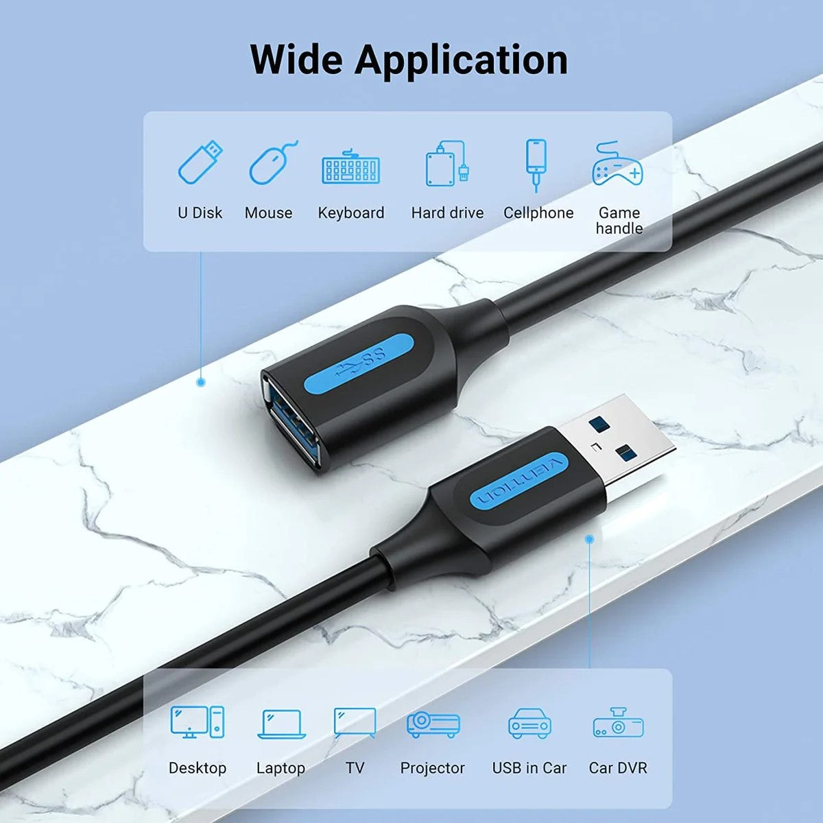 Cablu USB prelungitor Vention, USB 3.2 gen 1 (T) la USB 3.2 gen 1 (M), 1m rata transfer 5 Gbps, invelis PVC, negru, "CBHBF" - 6922794748866
