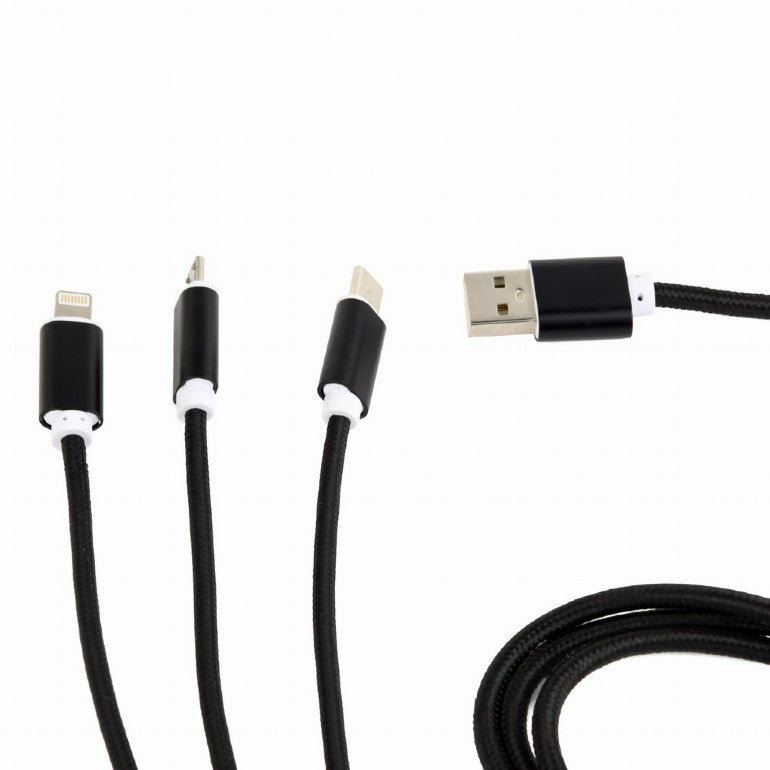 CABLU alimentare si date GEMBIRD, USB 2.0(T) la Lightning(T)+Micro-USB 2.0(T)+USB 2.0 Type-C(T),1m,impletit,incarcare simultana a 3 tipuri de telef,negru, "CC-USB2-AM31-1M"