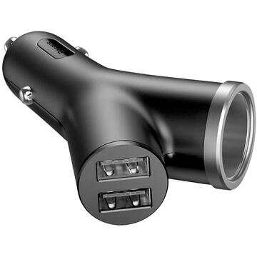 INCARCATOR auto Baseus Y type, Quick Charge 40W, 2 x USB Output 4.5V/5A + 1 x bricheta auto, pt. bricheta auto, negru "CCALL-YX01" - 6953156280250