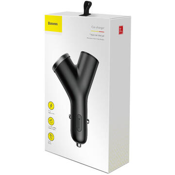 INCARCATOR auto Baseus Y type, Quick Charge 40W, 2 x USB Output 4.5V/5A + 1 x bricheta auto, pt. bricheta auto, negru "CCALL-YX01" - 6953156280250