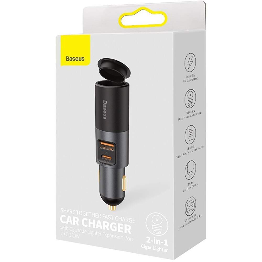 INCARCATOR auto Baseus Share Together,1 x USB Output 5V/3A,1 x USB Type-C max 5V/3A si 1 x bricheta auto 60W,total output 120W, pt. bricheta auto,gri"CCBT-C0G"-6953156206694