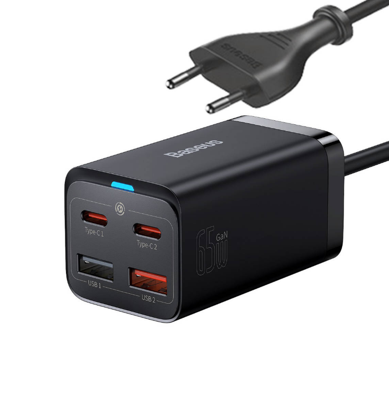 INCARCATOR retea Baseus GaN3 Pro, Quick Charge 65W, 2 x USB, 2 x USB Type-C, include cablu USB Type-C la USB Type-C 100W 1m, negru "CCGP040101" - 6932172600334
