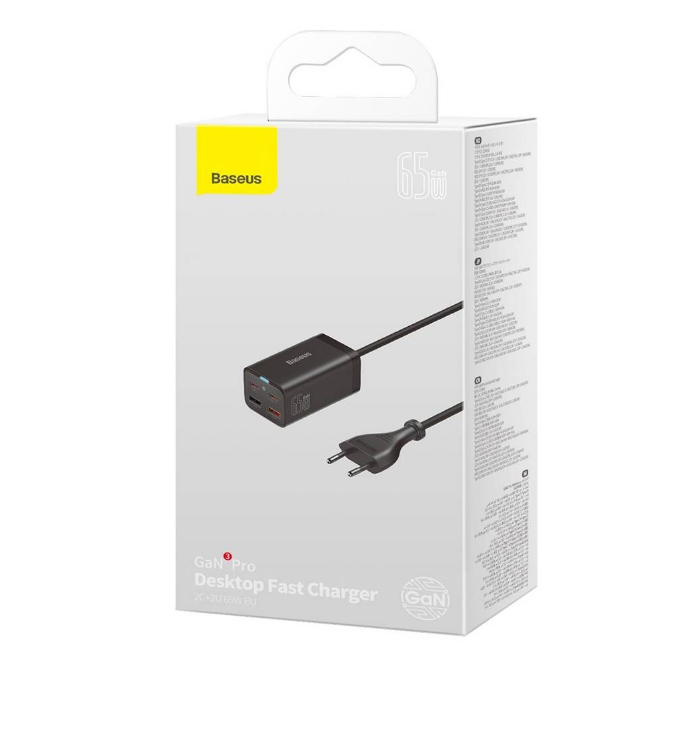 INCARCATOR retea Baseus GaN3 Pro, Quick Charge 65W, 2 x USB, 2 x USB Type-C, include cablu USB Type-C la USB Type-C 100W 1m, negru "CCGP040101" - 6932172600334