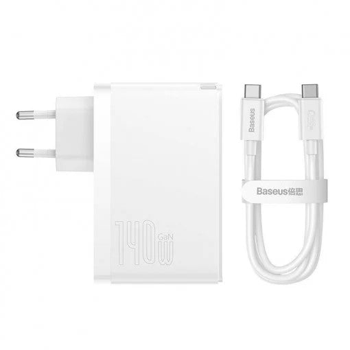 INCARCATOR retea Baseus GaN5 Pro, Quick Charge 140W, 1 x USB, 2 x USB Type-C, include cablu USB Type-C la USB Type-C 100W 1m, alb "CCGP100202" - 6932172610234