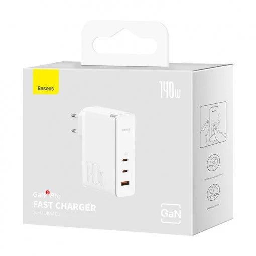 INCARCATOR retea Baseus GaN5 Pro, Quick Charge 140W, 1 x USB, 2 x USB Type-C, include cablu USB Type-C la USB Type-C 100W 1m, alb "CCGP100202" - 6932172610234