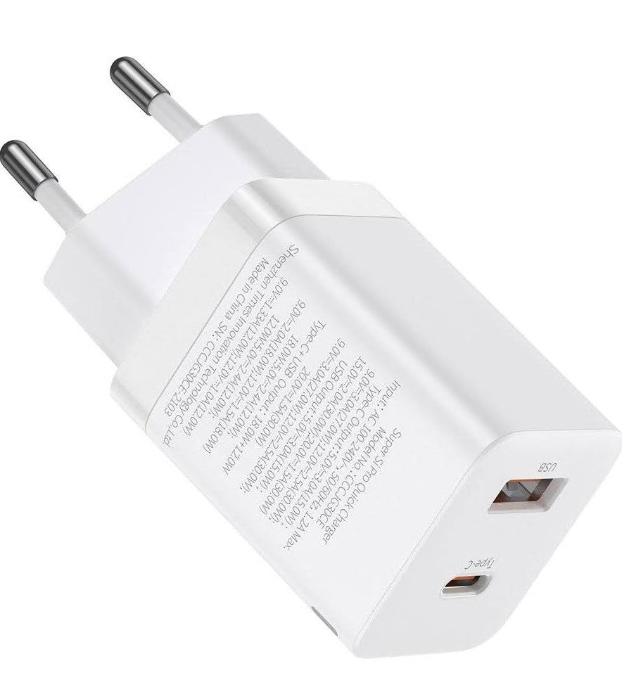 INCARCATOR retea Baseus Super Si Pro, Quick Charge 30W, 1 x USB 5V/3A, 1 x USB Type-C 5V/3A, alb "CCSUPP-E02" - 6953156206359