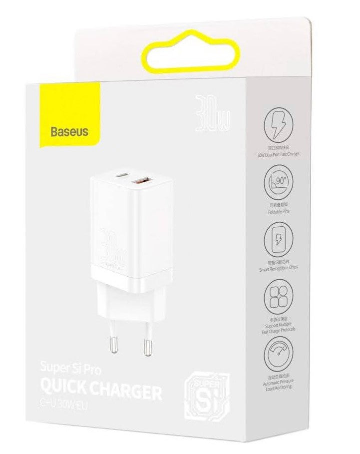 INCARCATOR retea Baseus Super Si Pro, Quick Charge 30W, 1 x USB 5V/3A, 1 x USB Type-C 5V/3A, alb "CCSUPP-E02" - 6953156206359