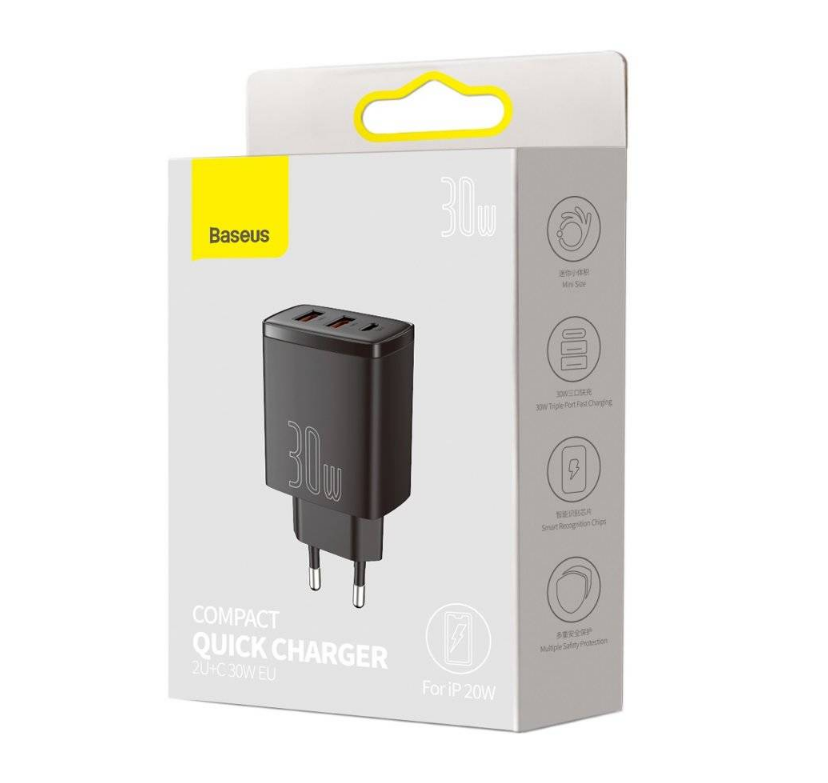 INCARCATOR retea Baseus Compact, Quick Charge 30W, 2 x USB Type-C Output 5V/3A, 1 x USB Output 5V/3A, negru "CCXJ-E01" - 6953156207295