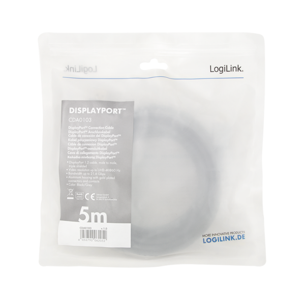 CABLU video LOGILINK, DisplayPort (T) la DisplayPort (T) 1.2, 5m, conectori auriti, rezolutie maxima 4K (3840 x 2160) la 60 Hz, aluminiu, triplu ecranaj, negru-gri, "CDA0103"