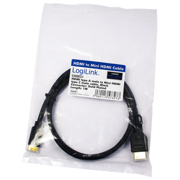 CABLU video LOGILINK, adaptor Mini-HDMI (Type C)(T) la HDMI (T), 1m, ver 1.4, conectori auriti, UHD 4K/ 30Kz, negru, "CH0021"