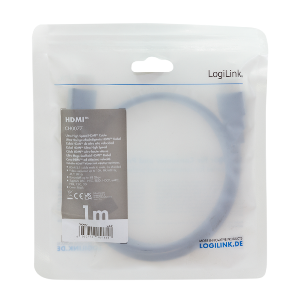 CABLU video LOGILINK, HDMI (T) la HDMI (T) 2.1, 1m, conectori auriti, rezolutie maxima 8K (7680 x 4320) la 60 Hz, plastic, triplu ecranaj, negru, "CH0077"