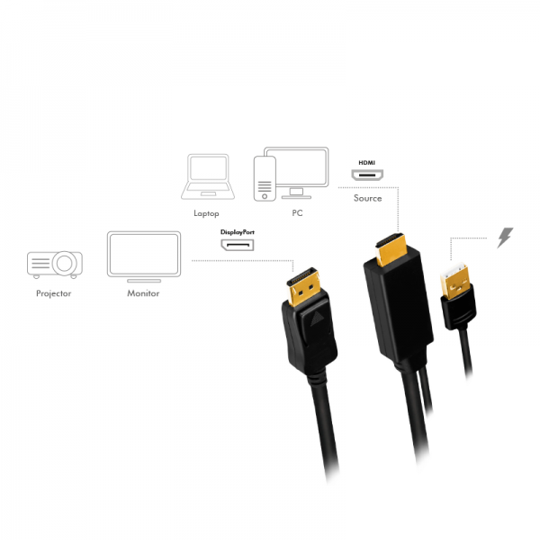 CABLU video LOGILINK, HDMI (T) 1.4 + USB (T) la DisplayPort (T) 1.2, 2m, conectori auriti, rezolutie maxima 4K (3840 x 2160) la 30 Hz, plastic, triplu ecranaj, USB powered, negru, "CH0091"