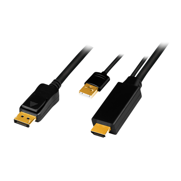 CABLU video LOGILINK, HDMI (T) 1.4 + USB (T) la DisplayPort (T) 1.2, 2m, conectori auriti, rezolutie maxima 4K (3840 x 2160) la 30 Hz, plastic, triplu ecranaj, USB powered, negru, "CH0091"
