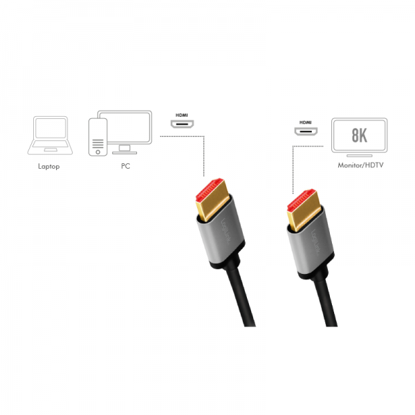 CABLU video LOGILINK, HDMI (T) la HDMI (T) 2.1, 1m, conectori auriti, rezolutie maxima 8K (7680 x 4320) la 60 Hz, aluminiu, triplu ecranaj, negru-gri, "CHA0104"