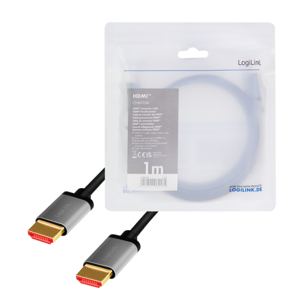 CABLU video LOGILINK, HDMI (T) la HDMI (T) 2.1, 1m, conectori auriti, rezolutie maxima 8K (7680 x 4320) la 60 Hz, aluminiu, triplu ecranaj, negru-gri, "CHA0104"