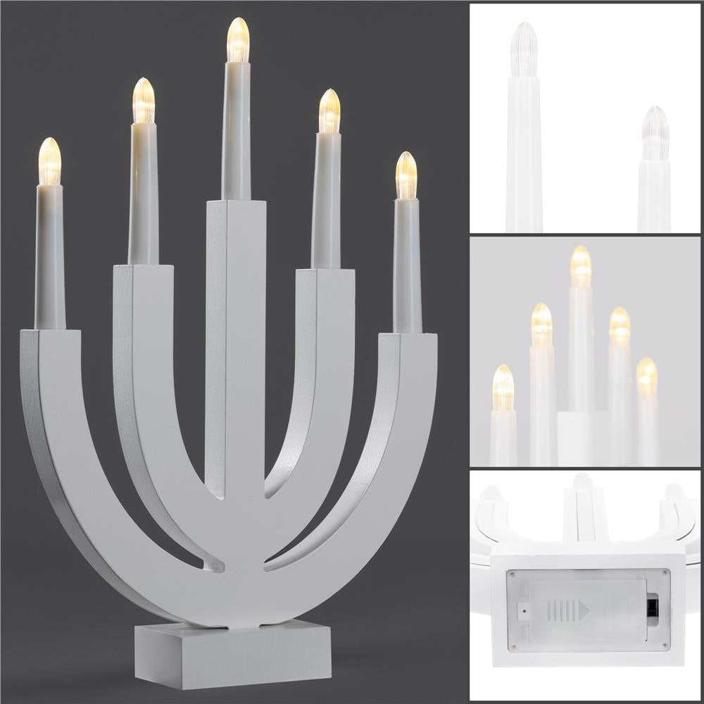 Decoratiune luminoasa tip sfesnic, din lemn, 39 cm, lumina calda, alimentare cu baterii, alb