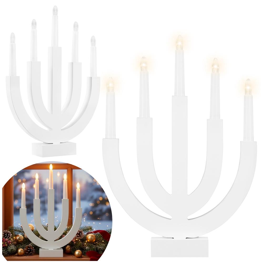 Decoratiune luminoasa tip sfesnic, din lemn, 39 cm, lumina calda, alimentare cu baterii, alb