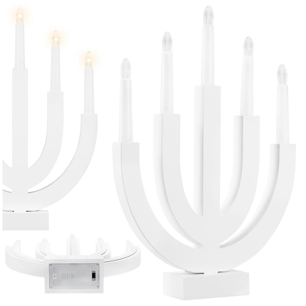 Decoratiune luminoasa tip sfesnic, din lemn, 39 cm, lumina calda, alimentare cu baterii, alb