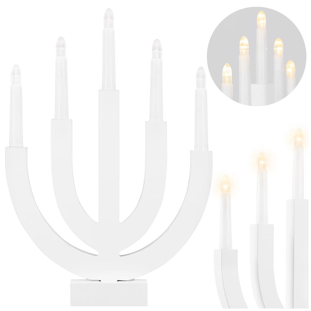 Decoratiune luminoasa tip sfesnic, din lemn, 39 cm, lumina calda, alimentare cu baterii, alb