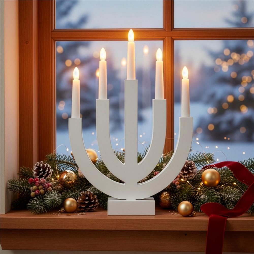 Decoratiune luminoasa tip sfesnic, din lemn, 39 cm, lumina calda, alimentare cu baterii, alb