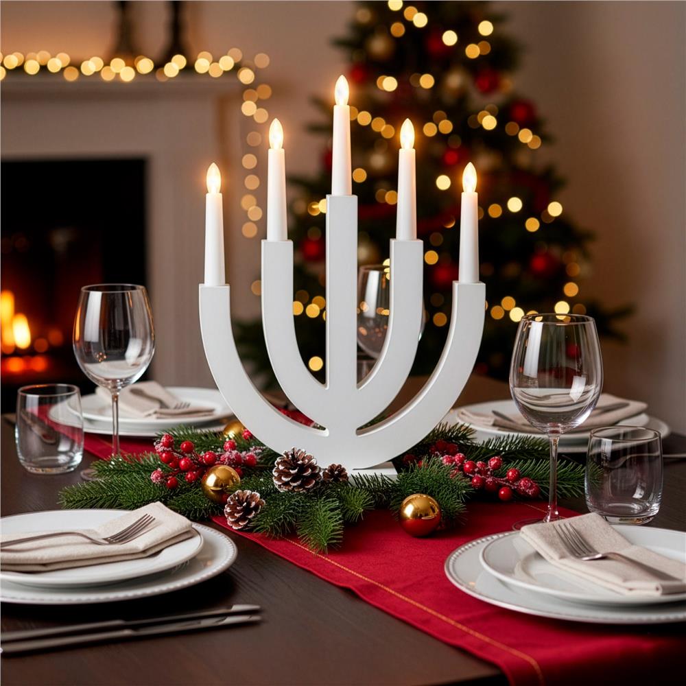 Decoratiune luminoasa tip sfesnic, din lemn, 39 cm, lumina calda, alimentare cu baterii, alb