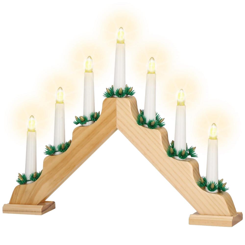 Sfesnic decorativ LED cu 7 lumanari si coronite verzi, alimentare baterii, 40x31 cm, maro si alb