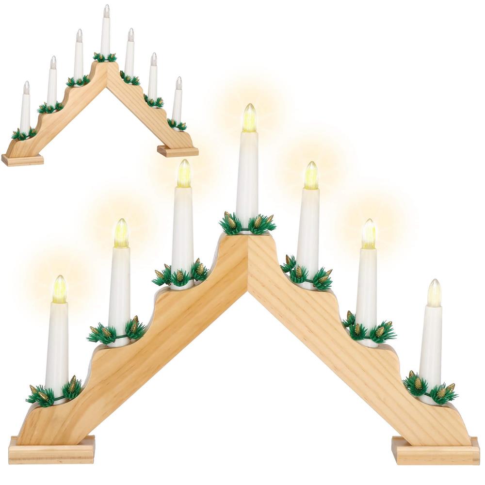 Sfesnic decorativ LED cu 7 lumanari si coronite verzi, alimentare baterii, 40x31 cm, maro si alb