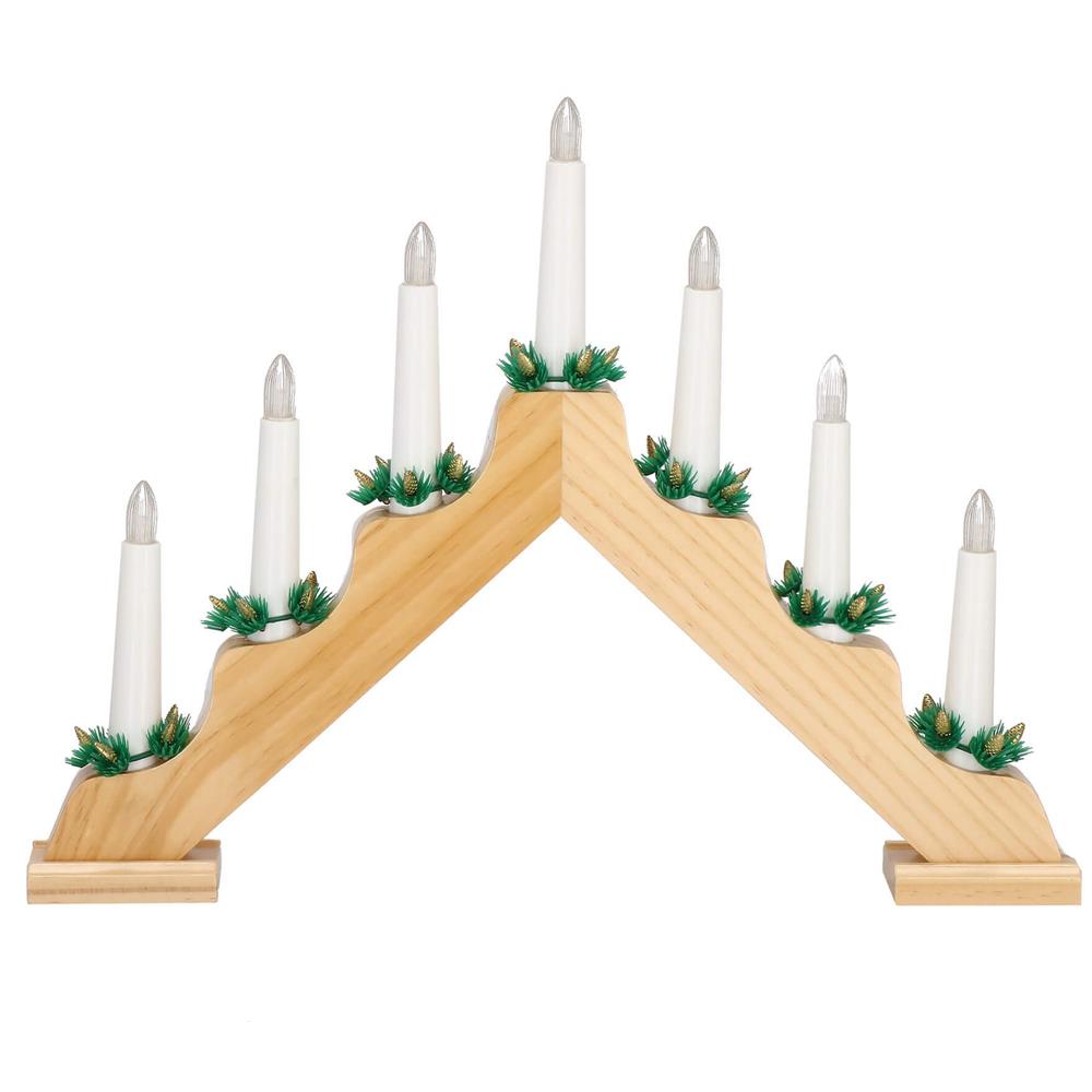 Sfesnic decorativ LED cu 7 lumanari si coronite verzi, alimentare baterii, 40x31 cm, maro si alb